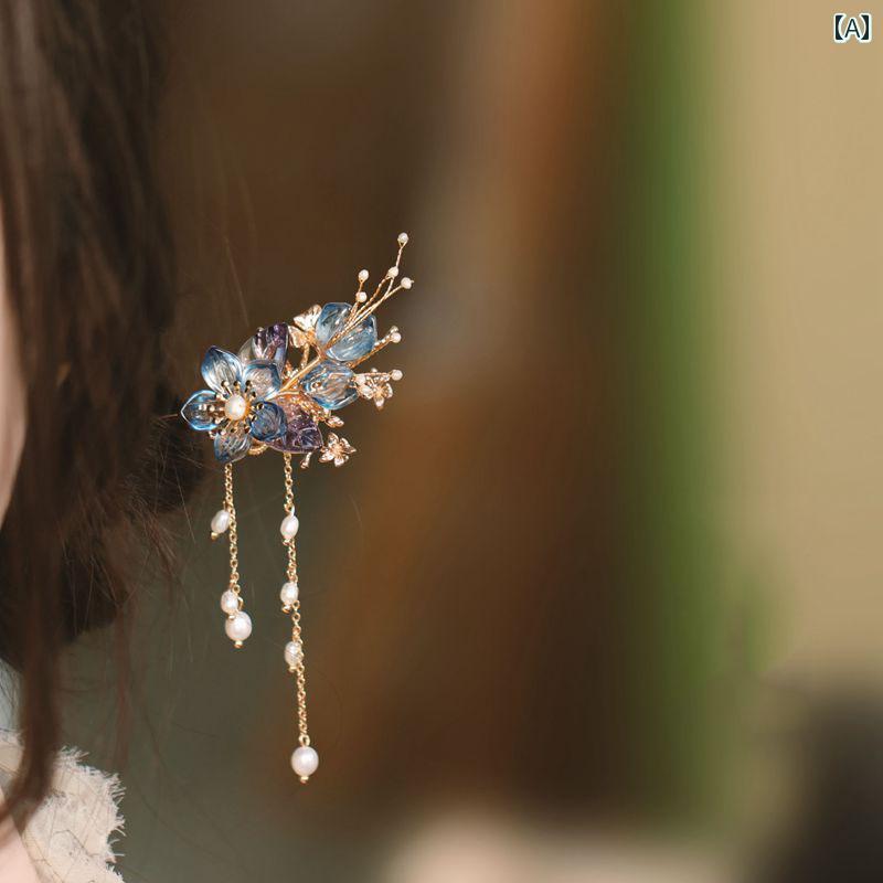 かんざし ブルー 花 花びら 5花弁 ヘアピン 髪飾り 髪刺し チャイナ風 アップ へア レディース ヘアアクセサリー ゴールド チャーム ミニ パール 上品 豪華感