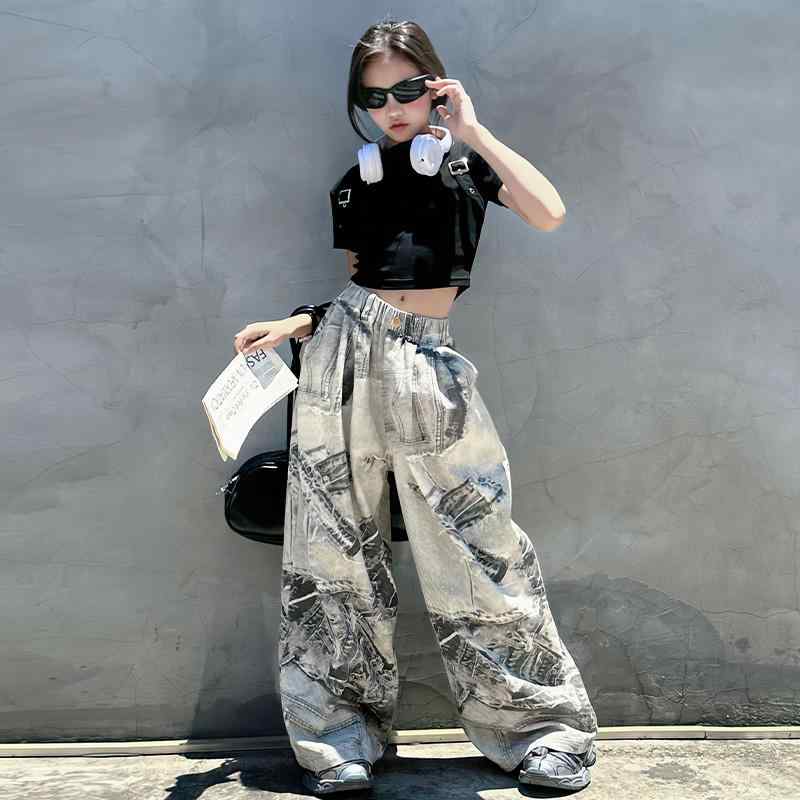 子供服 女の子 Tシャツ へそ出し パンツ コスチューム バンド ダンス ヒップホップ ストリート系 パフォーマンス 衣装 クール かっこいい キッズ