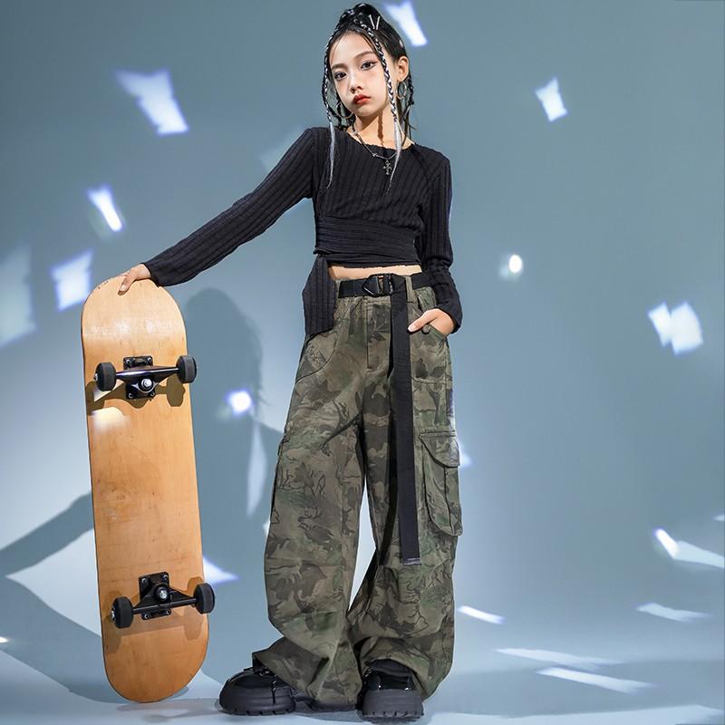 子供服 女の子 Tシャツ へそ出し 迷彩パンツ コスチューム バンド ダンス ヒップホップ ストリート系 パフォーマンス 衣装 クール かっこいい キッズ