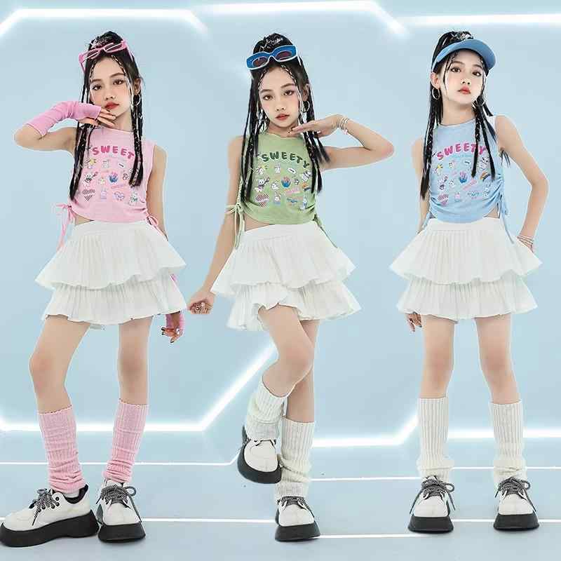 キッズ 子供服 ダンス 衣装 セット 韓国 フリルスカート ガーリー かわいい お腹見せ タンクトップ ステージ パフォーマンス チア イベント フェス レジャー アウトドア スポーツ 普段使い使い
