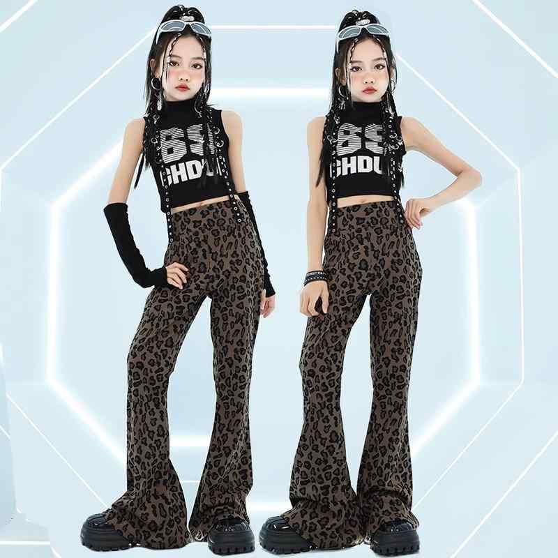 子供服 女の子 Tシャツ タンクトップ へそ出し ヒョウ柄パンツ コスチューム バンド ダンス ヒップホップ ストリート系 パフォーマンス 衣装 クール かっこいい キッズ