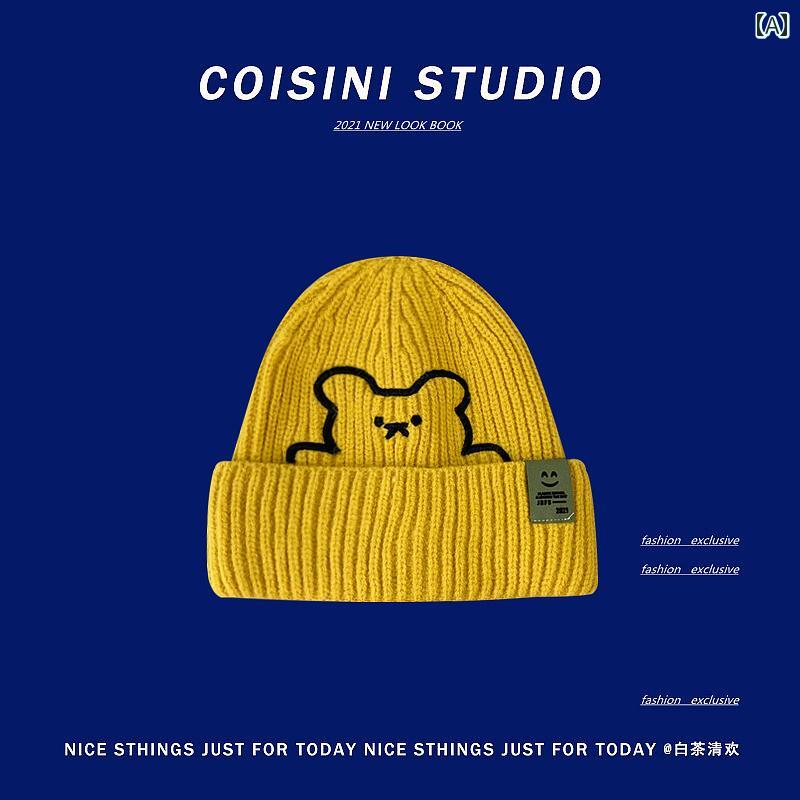 ニット 帽子 ウール おしゃれ ファッション レディース カジュアル かわいい クマ 刺繍 レディース 秋冬 暖かい メンズ フリーサイズ 防寒 ユニセックス