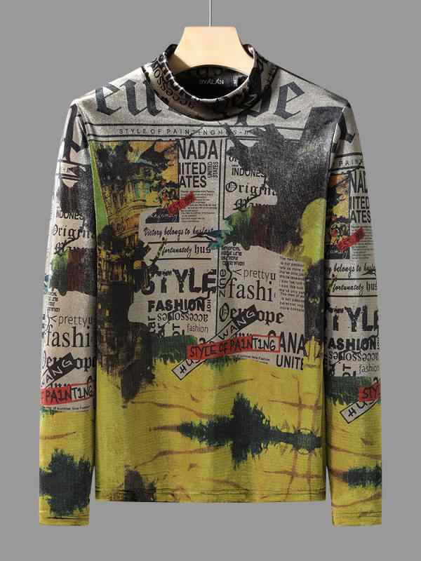 ロンT 柄シャツ トップス メンズ おしゃれ着 秋冬 メンズ プリント 長袖 Tシャツ 韓国 ゴールド 起毛 ハイネック 裏起毛 インナー ベース シャツ