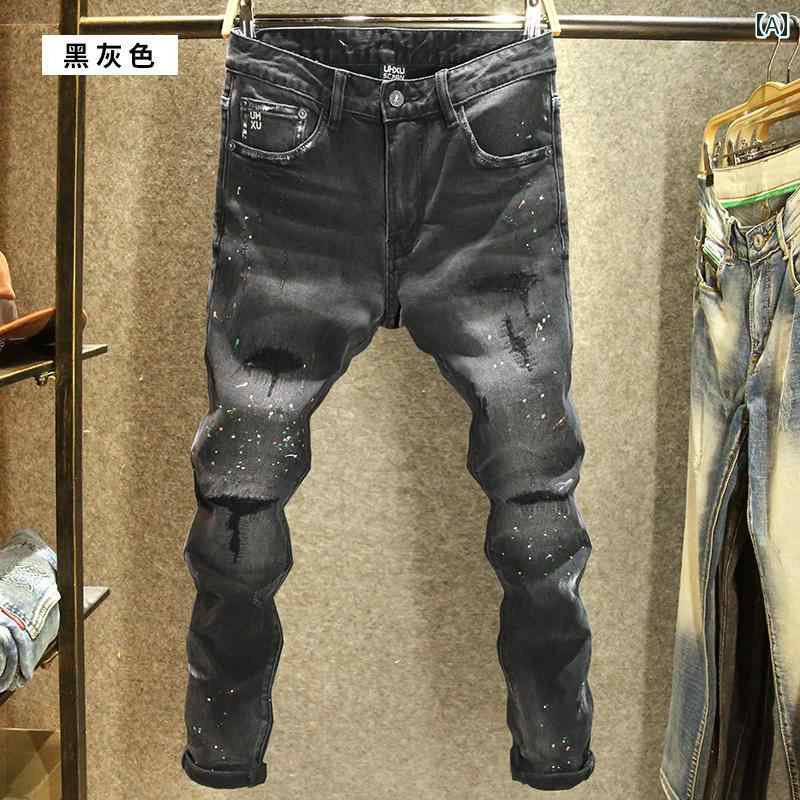 メンズ デニム おしゃれ Gパン カジュアル ステッチ ジーンズ スリム フィット ストレッチ パンツ スプラッシュインク ストリート 秋冬 パンツ
