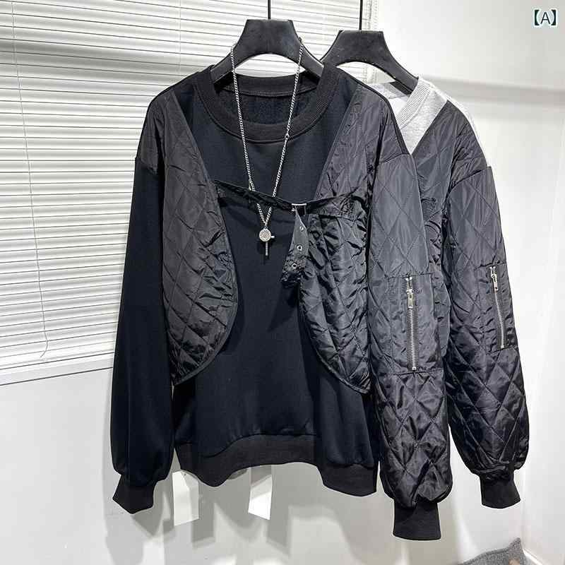 メンズ ファッション 秋冬 ダーク 非対称 フェイク セットアップ 厚手 スウェットシャツ 性 ワーク トップス