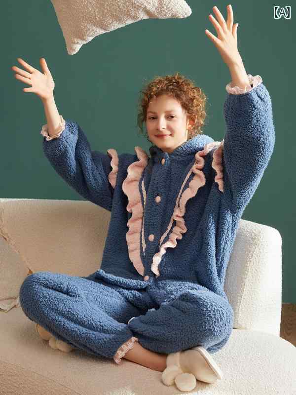 Chenxi パジャマ レディース 秋冬 長袖 ズボン スーツ コーラル 起毛 厚手 フランネル 冬 ホーム 服 かわいい