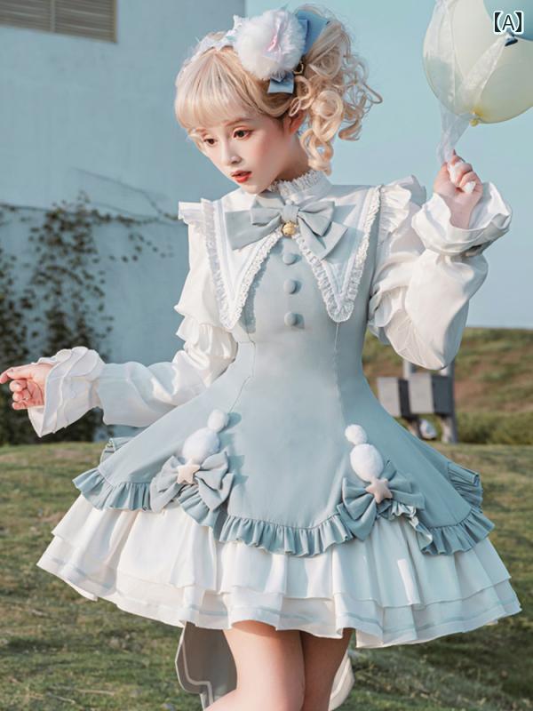 ロリータ ファッション レディース 甘ロリ ガーリー プリンセス キュート スイート ツイン 双子 ブルー 秋冬 ドレス ワンピース かわいい
