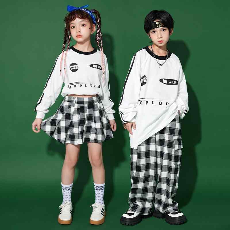 子供服 キッズ ダンス 衣装 長袖 チェック チア パフォーマンス ユニフォーム 体操 服 ストリート ヒップホップ 韓国 イベント フェス レジャー 普段使い使い おしゃれ 映え