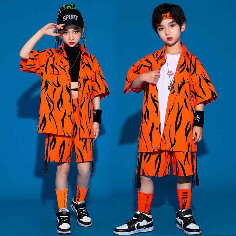 キッズ 子供服 ダンス 衣装 セット 半袖 オレンジ 韓国 おしゃれ ヒップホップ ストリート ステージ パフォーマンス イベント フェス レジャー アウトドア スポーツ 体操 普段使い使い