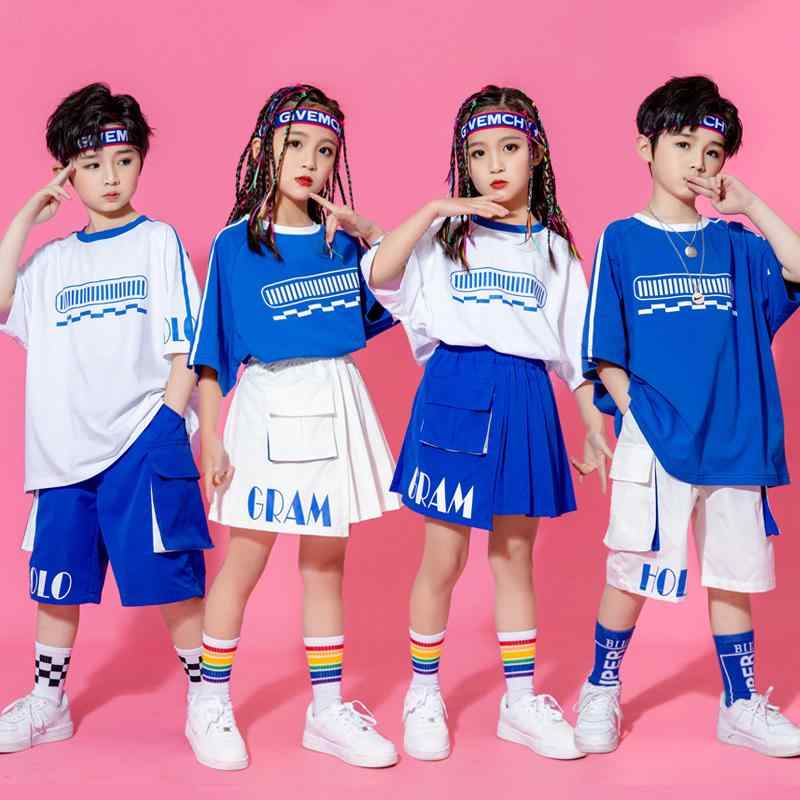 キッズ 子供服 ダンス 衣装 セット 半袖 ゆったり 韓国 ブルー ヒップホップ ストリート ステージ パフォーマンス チア イベント フェス レジャー スポーツ 体操 普段使い使い かわいい