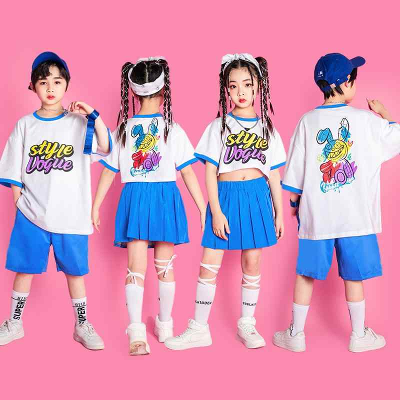 子供 キッズ ダンス 衣装セット 半袖 ブルー 韓国 おしゃれ イベント フェス レジャー アウトドア スポーツ 体操 普段使い使い ストリート 夏 パフォーマンス チアリーダー ヒップホップ