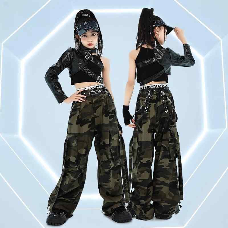 子供服 女の子 シャツ タンクトップ へそ出し 迷彩パンツ 夏 コスチューム バンド ダンス ヒップホップ ストリート系 パフォーマンス 衣装 クール かっこいい キッズ