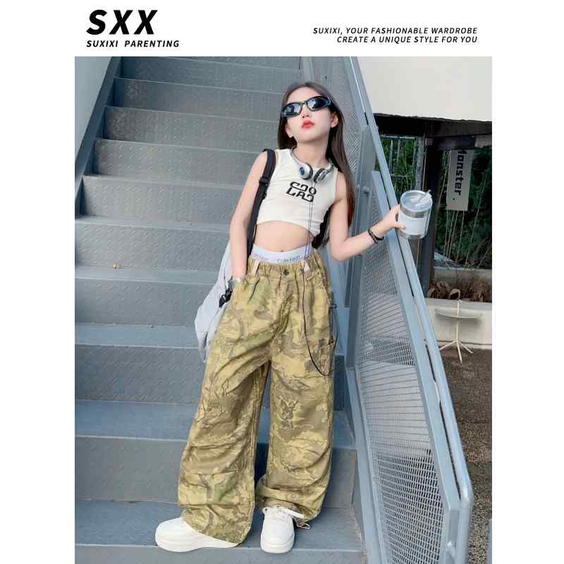 子供服 女の子 タンクトップ 迷彩パンツ へそ出し コスチューム バンド ダンス ヒップホップ ストリート系 パフォーマンス 衣装 クール かっこいい キッズ