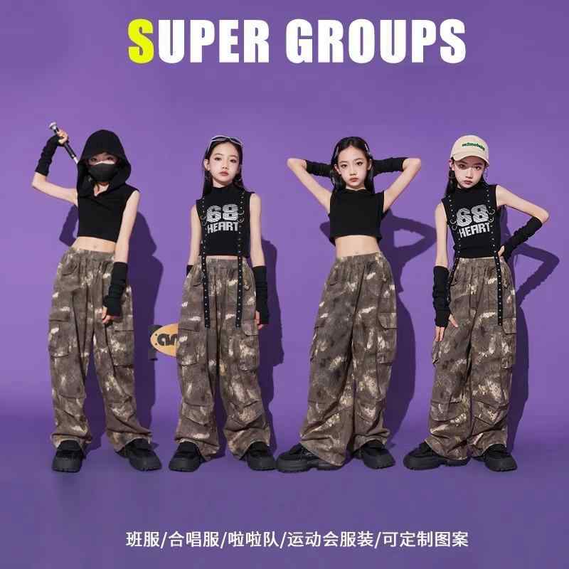 子供服 女の子 Tシャツ タンクトップ フード へそ出し 迷彩パンツ 夏 コスチューム バンド ダンス ヒップホップ ストリート系 パフォーマンス 衣装 クール かっこいい キッズ