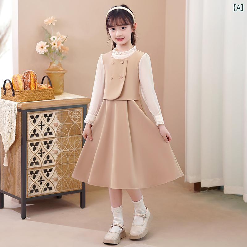 キッズ服 女の子 ガール ガーリー 春秋 ベスト ワンピース ドレス 長袖 レース 子供 プリンセス 年長児 2 セットアップ フレア スカート ベージュ 落ち着いた ベーシック