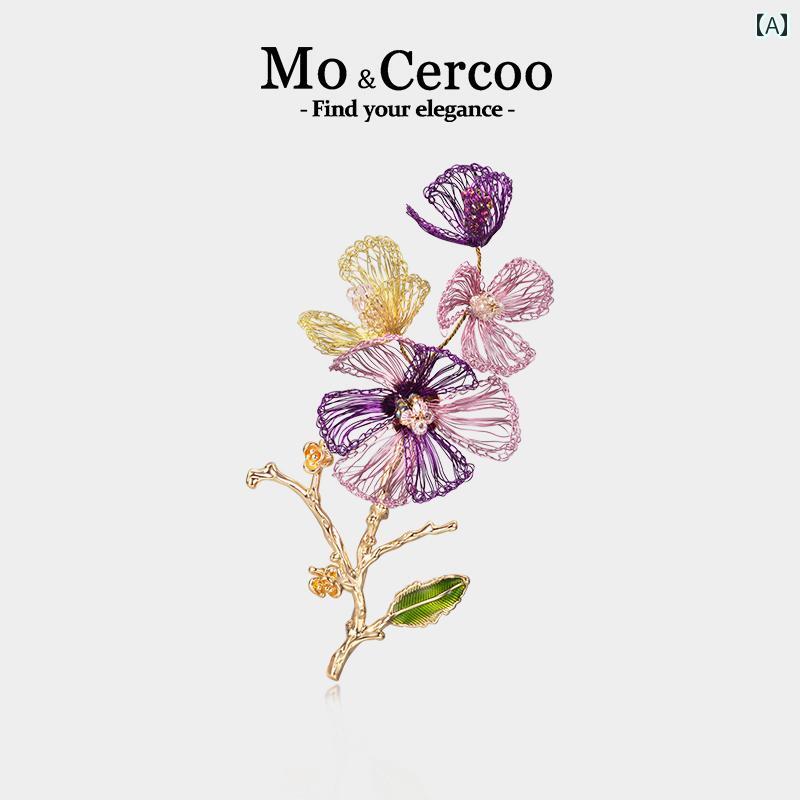 ブローチ フラワー パープル 手織り 美しい 花々 咲く 植物 糸 作る コサージュ レディース アクセサリー コート スーツ 刺 飾り ピン 装飾 パーティー ワンポイント 彩る 癒し バッグ