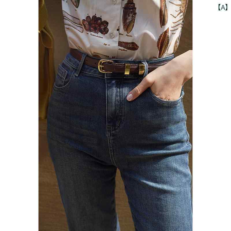 パンツ レディース デニム フレンチ フィット ストレートジーンズ 9分丈 ハイウエスト 快適 ストレッチ性 ヴィンテージ風風 裾ユーズド加工 ウォッシュド スタイリッシュ エレガント モダン