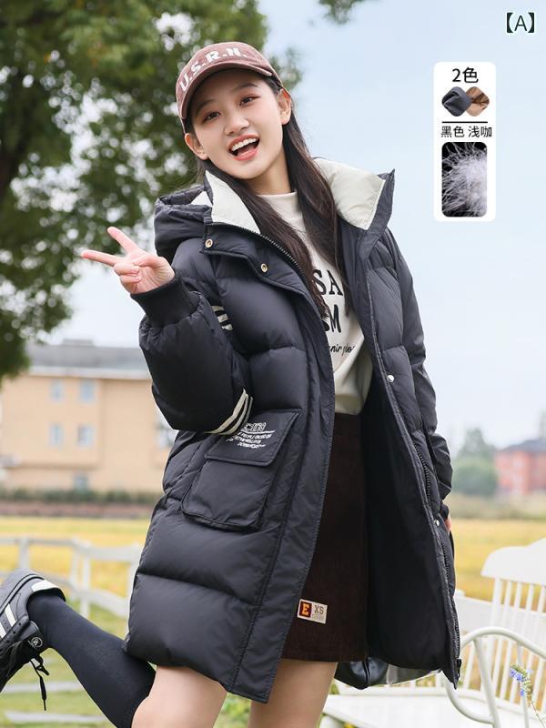 女の子 ダウンジャケット ダウンコート フード 秋冬 厚手 カジュアル レジャー アウトドア 休日 リゾート 中学 高校 学生 JK ガール レディース