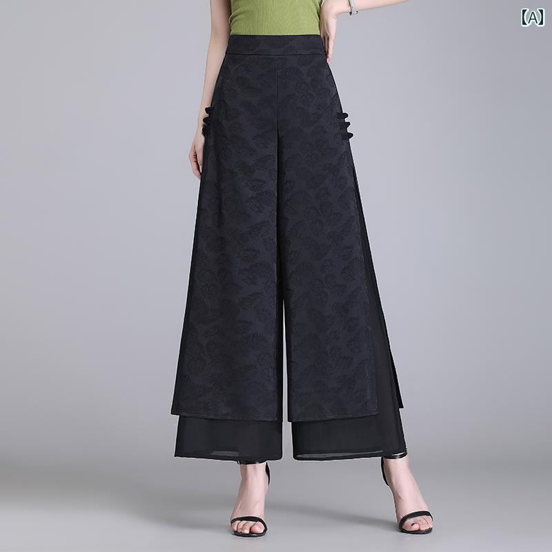 ジャガード レディース パンツ レトロ スタイリッシュ ハイウエスト ズボン ワイドレッグ 夏 黒 緑 ロング シック 上品 大人 豪華感