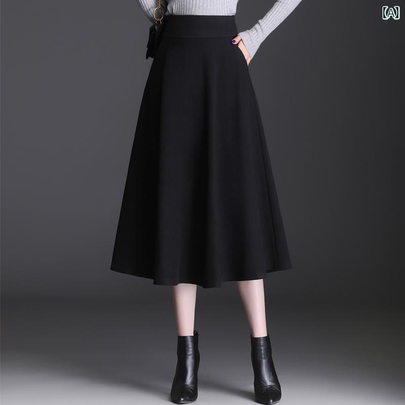 スカート レディース ウール ラインスカート カバー 韓国 厚手 冬 ミモレ丈 ポケット カジュアル ファッション コーデ ジッパー スタイリッシュ