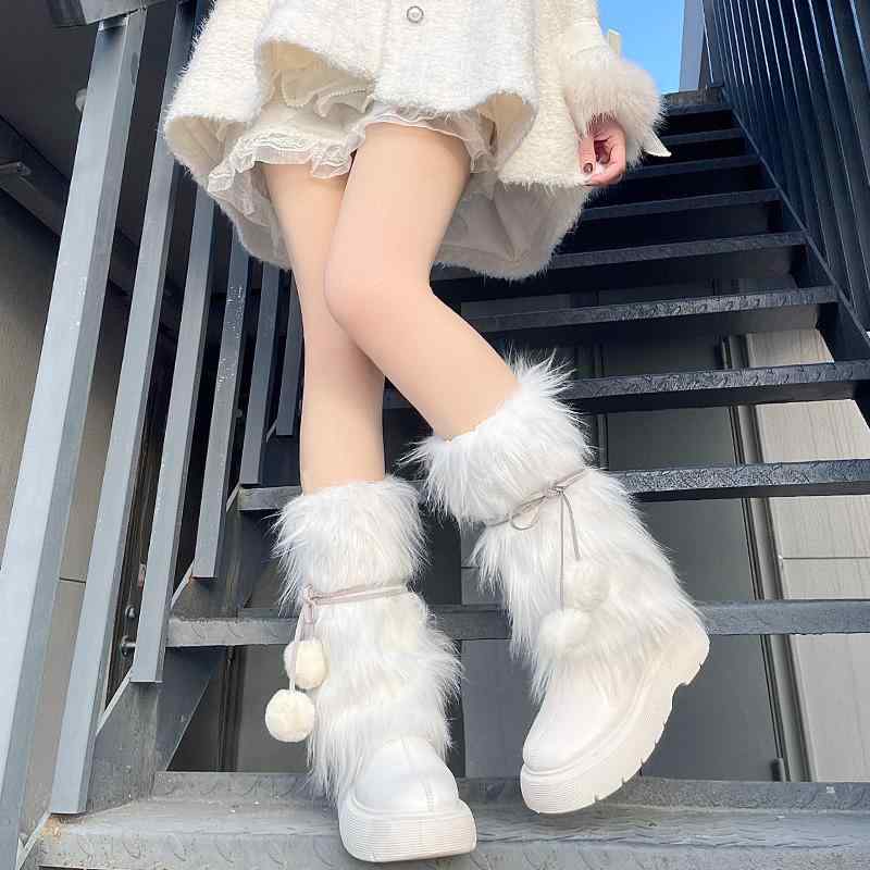 ピンク クール 鹿革 ロープ ソックス JK ガール ロングヘア パイルソックス 秋冬 フェイク ブーツ ファーボール 脚カバー