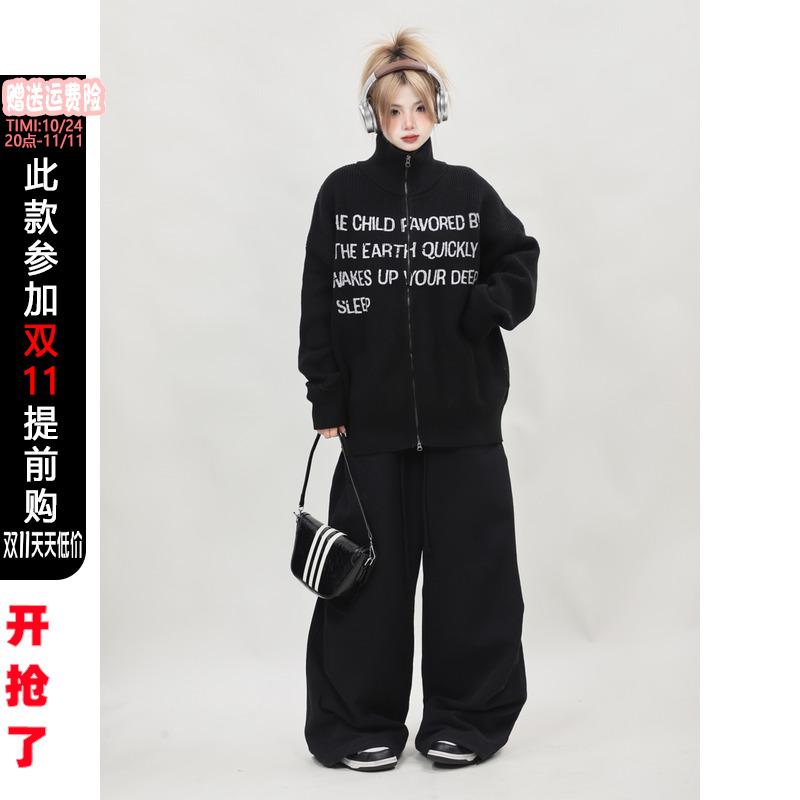 秋冬 ファスナー 編み物ジレー レトロ ゆったり か細い タートルネック 黒 スウェーター 上衣 レディース
