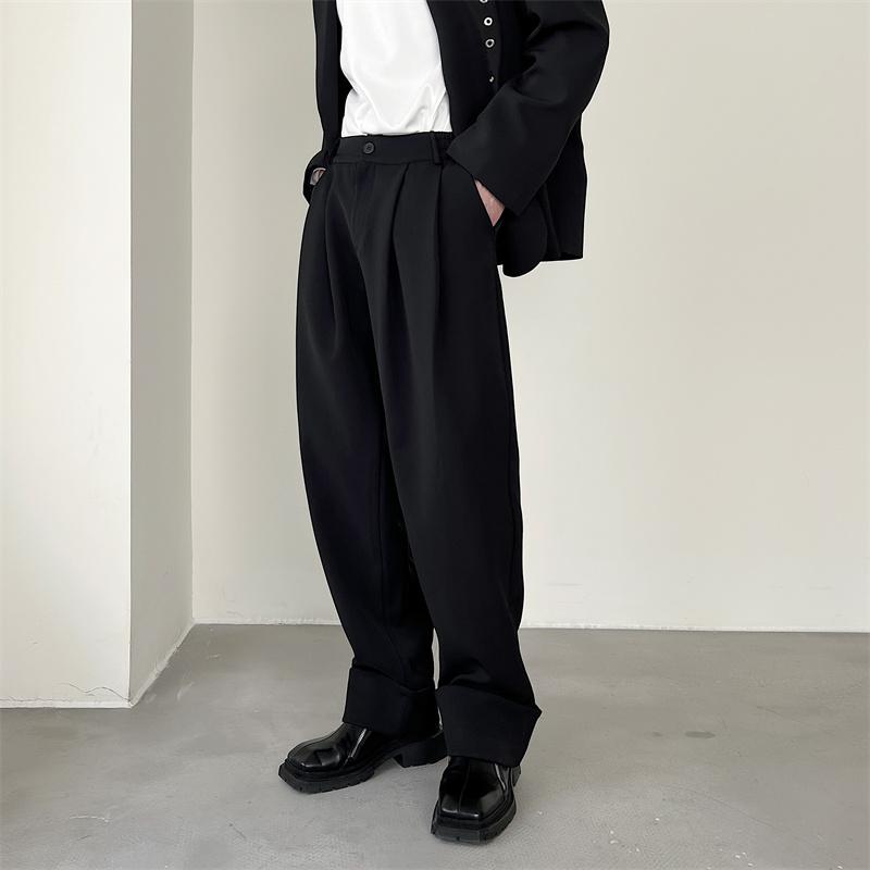 メンズ ロールヘム 春 韓国 ストレートパンツ ドレープ 感 ストレート ワイドパンツ メンズボトム