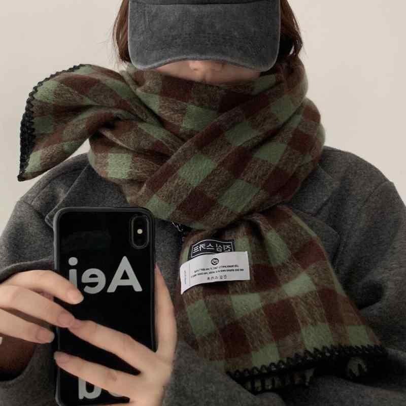 マフラー チェック スカーフ 冬 韓国 レトロ 感 厚手 ロングスカーフ ロングショール グリーン 学生 カップル
