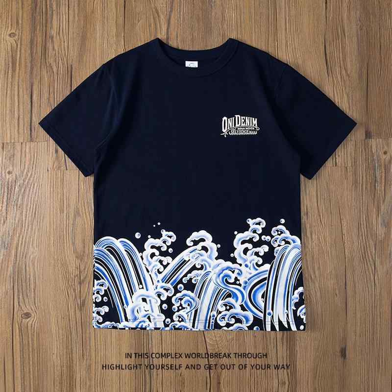 半袖 Tシャツ メンズ プリント 波 ラウンドネック 夏 綿