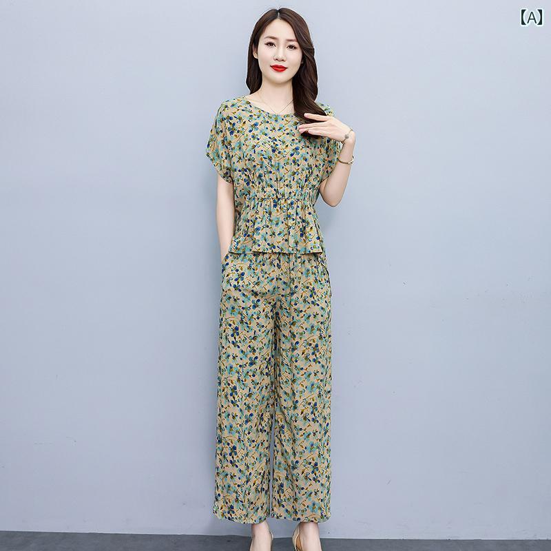 ママ 夏 綿 スーツ レディース 半袖 Tシャツ 人工 綿 セットアップ スーツ セットアップ ウエストマーク ラウンドネック 首元ゆったり ウエストゴム 二の腕カバー