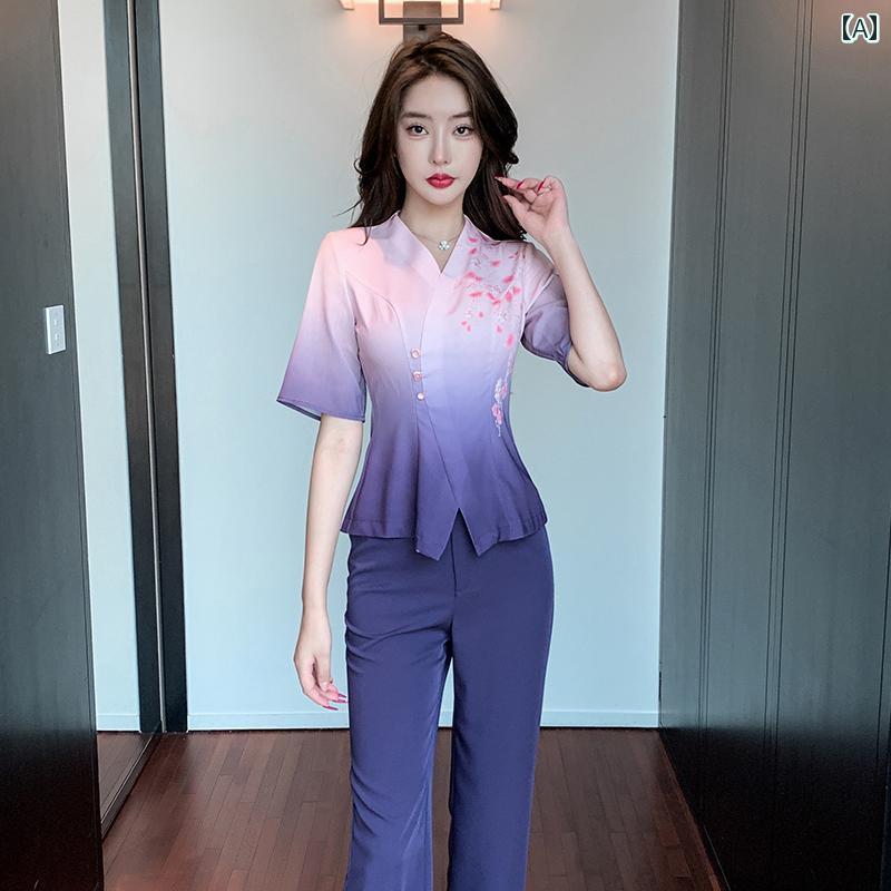 レディース ユニフォーム 制服 スーツ パンツ サロン ヒーリング エステ 美容 施術 セラピスト スパ マッサージ ヘルスケア リラクゼーション エレガント