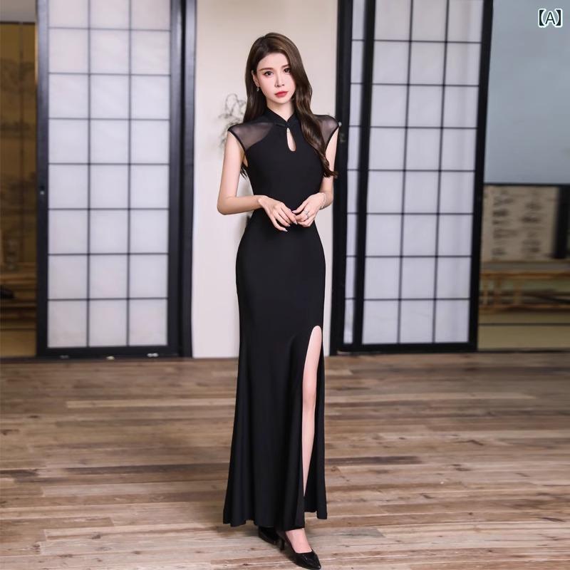 レディース ロングドレス 黒 エレガント シンプル おしゃれ フェミニン セクシー スリット スタイリッシュ 魅惑 パーティー キャバ ドレス