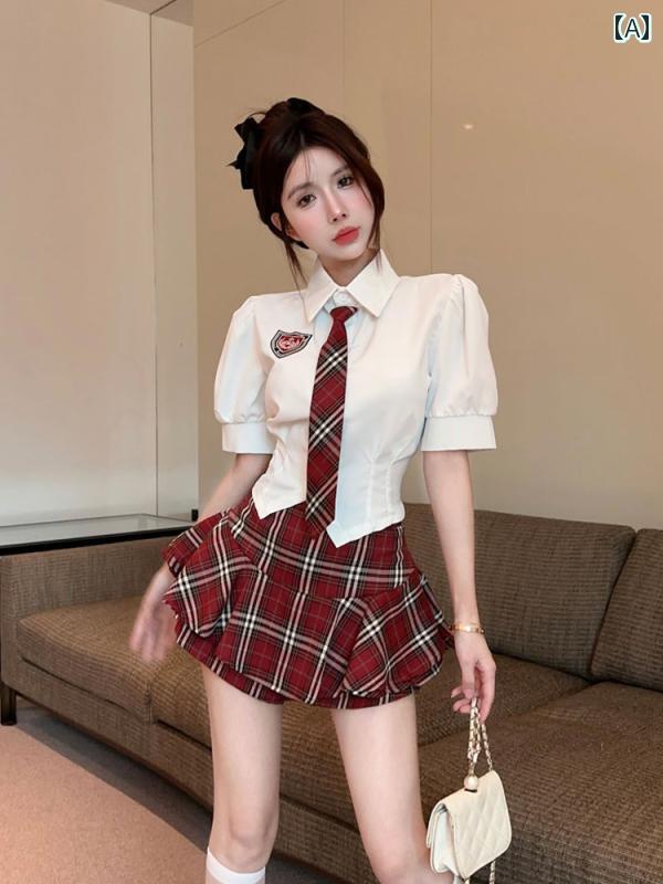 スーツ JK 制服 シャツ レディース かわいい 赤 チェック スカート セットアップ 夏 半袖 メイド服 セクシー セットアップ
