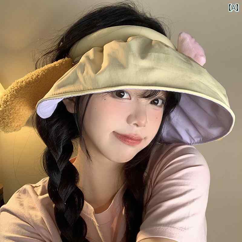 つば広 サンバイザー 大きめ耳 リボン トップレス サンハット レディース 夏 オシャレ サンシェード 抗UV 日よけ ハット