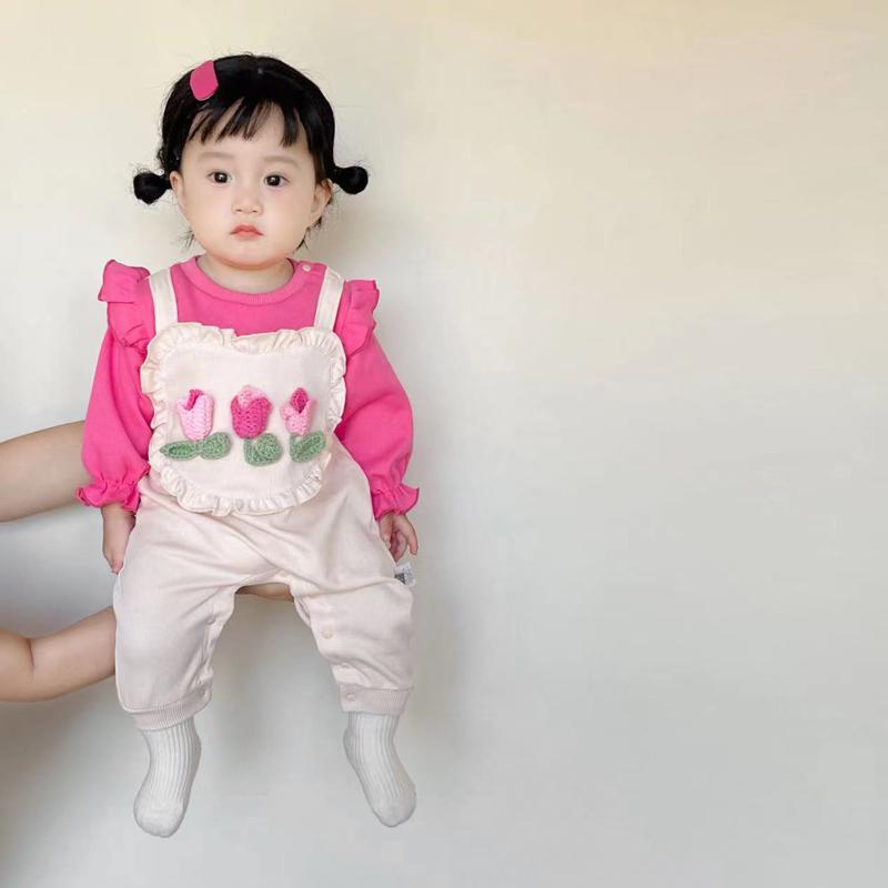 女の子 赤ちゃん フェイク セットアップ カバー オール ベビー かわいい バッグ 服 長袖 プリンセス ロンパース 春秋 花 ピンク かわいい