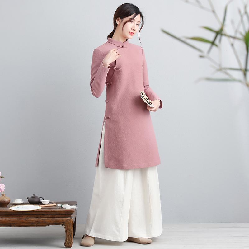 レディース エスニック トップス 秋冬 茶師服 綿麻 エレガント 茶道服 唐服 チャイナ風 プレート バックル 丈