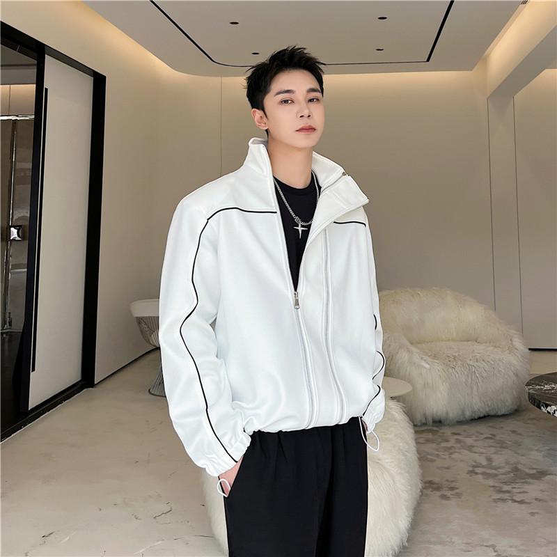 ジャケット おしゃれ 韓国 コントラスト ストライプ メンズ スポーツ スウェットシャツ ダブルジッパー ハイネックカーディガン ジャケット
