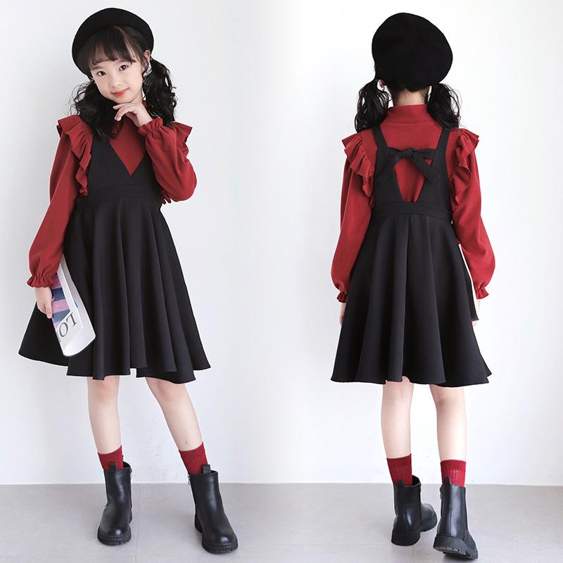 女の子 ワンピース キッズ ファッション 子供服 おしゃれ かわいい セット スカート 春秋 シャツ 黒 サスペンダー 韓国 セットアップ コットン プルオーバー