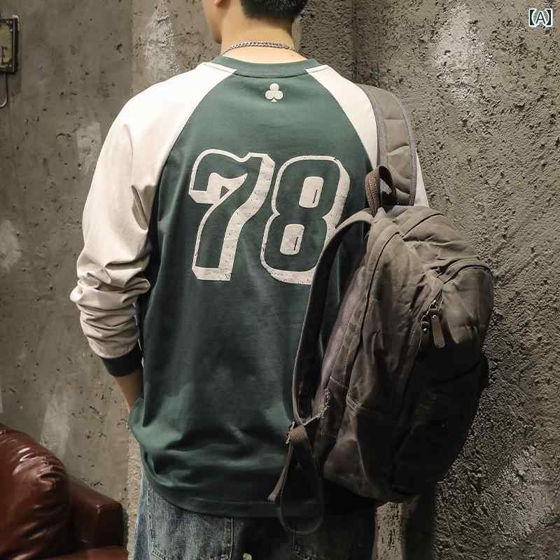 メンズ 長袖シャツ 春秋 アメリカン スウェット トレーナー Tシャツ 厚手 ラウンドネック 前後プリント 丸首 トップス カジュアル レジャー 厚手 2 ツートーンカラー 綿混紡 コットン ノーアイロン ゆったり 大きめサイズ メンズ ノーアイロン