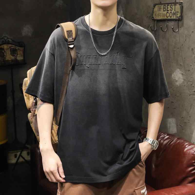 メンズ Tシャツ 半袖 アメリカン 夏 トップス ラウンドネック レトロ ウォッシュ グラデーション 丸首 ゆったり ダークグレー プリント立体刻印 大きめサイズ メンズ 綿混紡 コットン ノーアイロン 西海岸 ウエストコート