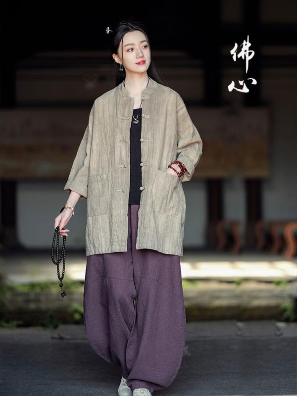 僧院 在家服 仏教 瞑想風 婦人服 唐服 チャイナ風 麻 カーディガン 拝仏 平服 タイダイ カーディガン ジャケット セット パンツ ボタン ポケット