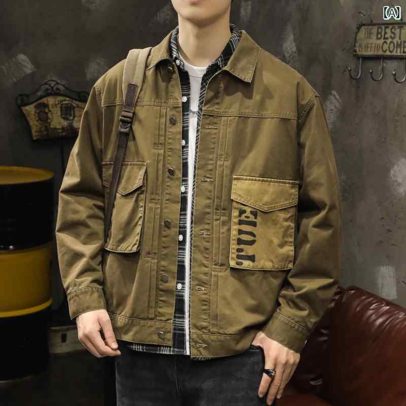 メンズ カーキ 作業着 長袖 シャツ 春秋 カジュアル ジャケット シングルブレスト 短い ゆったり ワッペン飾り ポケット アウターウェア