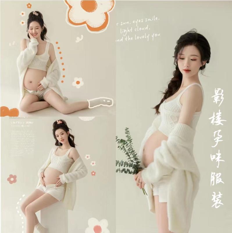 マタニティ おしゃれ ファッション 妊娠 レディース 思い出 記念 写真 スタジオ 白 キャミソール ニット 美しい ママ 撮影 ホワイト フリーサイズ セット かわいい