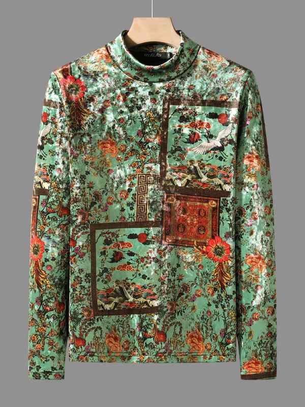 ロンT 柄シャツ メンズ おしゃれ着 冬 厚手 暖かい 金 起毛 長袖 Tシャツ スリム ハイネック 起毛 プリント カジュアル インナーウェア