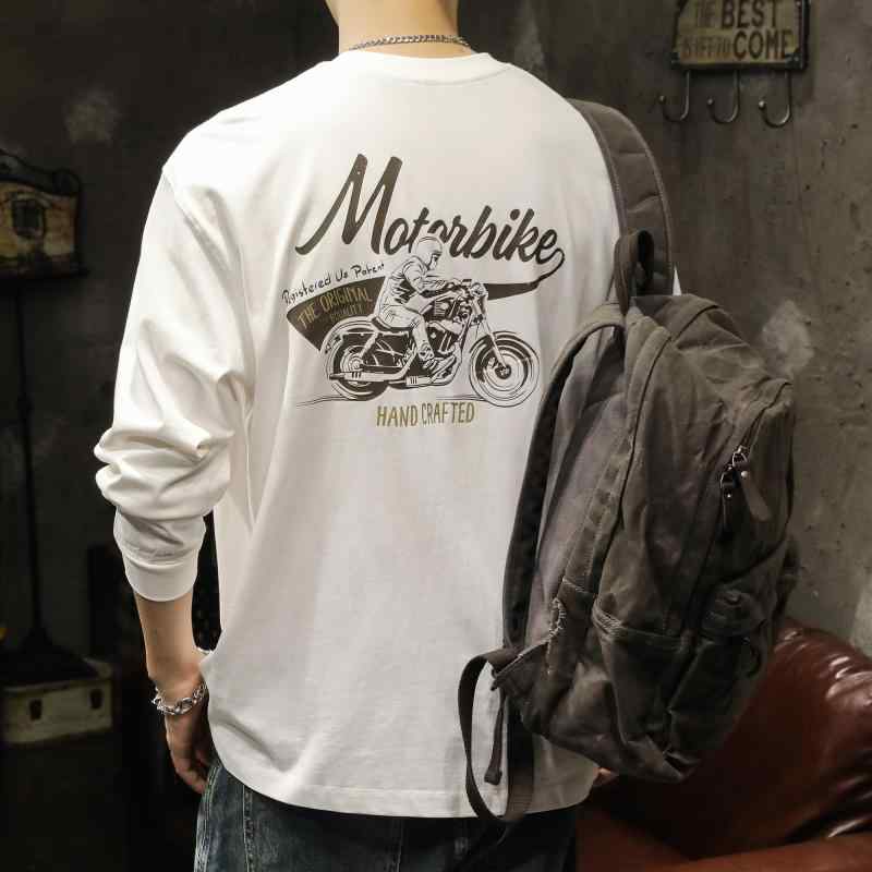 メンズ Tシャツ 長袖 秋 カジュアル ラウンドネック 丸首 コットン 綿混紡 ストリート バイク プリント バックプリント レトロ オートバイ 白 ベージュ ゆったり シンプル 単 大きめサイズ メンズ ノーアイロン レジャー トップス ホワイト