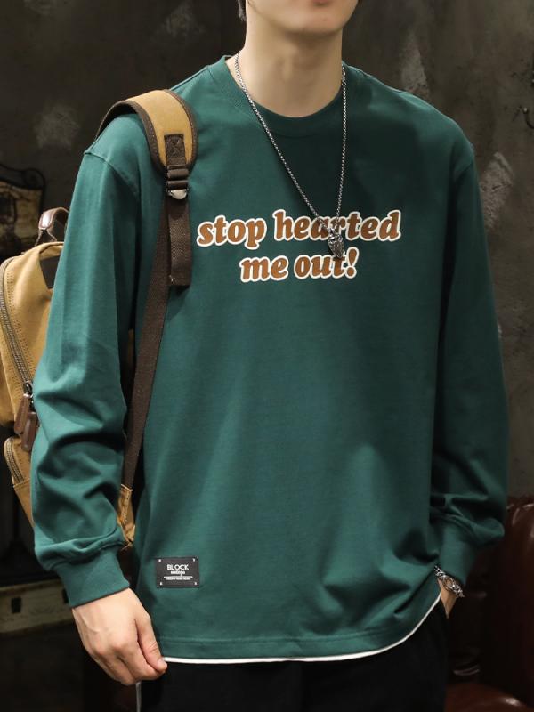 メンズ メンズ 長袖 シャツ トップス 秋冬 トレーナー スウェット アメリカン レトロ感 Tシャツ 丸首 ラウンドネック フロント文字ワンプリント 大きめサイズ ノーアイロン レジャー ゆったり 綿混紡 プルオーバー グリーン 黒 ホワイト ブラウン