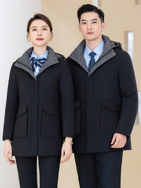 レディース 婦人服 メンズ 紳士服 ダウン ジャケット コート アウター 銀行 フロント 丈 作業着 仕事 制服 スリムフィット 冬 厚手 ブラック
