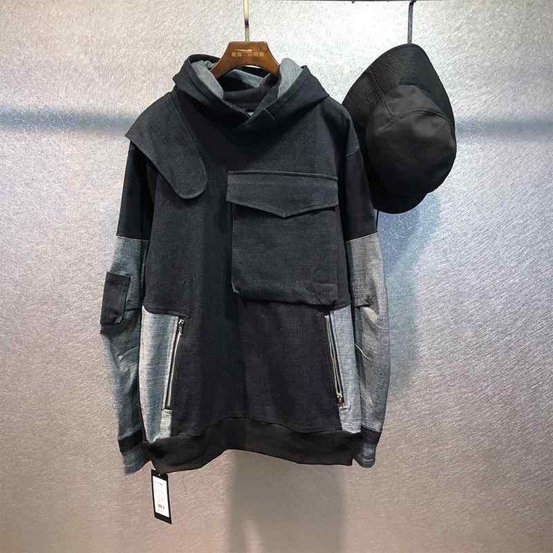 メンズ ファッション 秋冬 パッチワークデニム スウェットシャツ メンズ ダーク マルチポケット ワークウェア ジャケット｜セキュアデポ