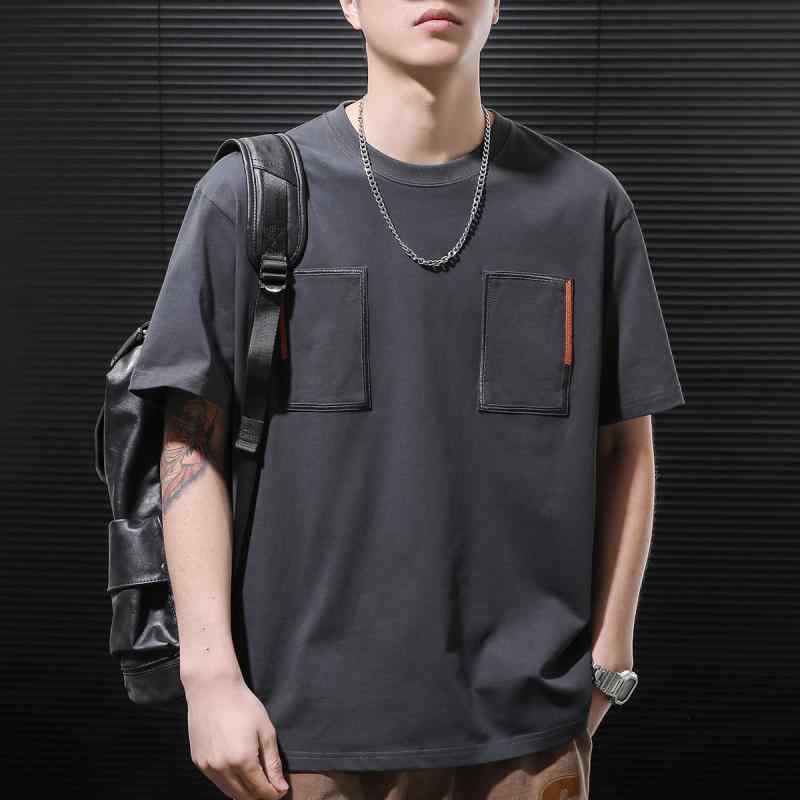 メンズ グレー ラウンドネック 半袖 Tシャツ メンズ トップス 夏 大きめサイズ ポケット ショート 服 ラウンドネック ファッション ゆったり