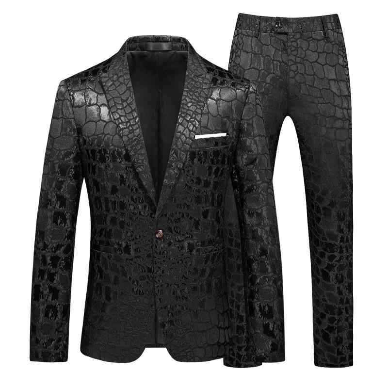 メンズ スーツ セット ジャケット ブレザー セットアップ ズボン パンツ ロング クロコダイル柄 ジャカード メンズ パフォーマンス ステージ パーティー 司会 歌手 衣装 フォーマル 作業服 紳士服